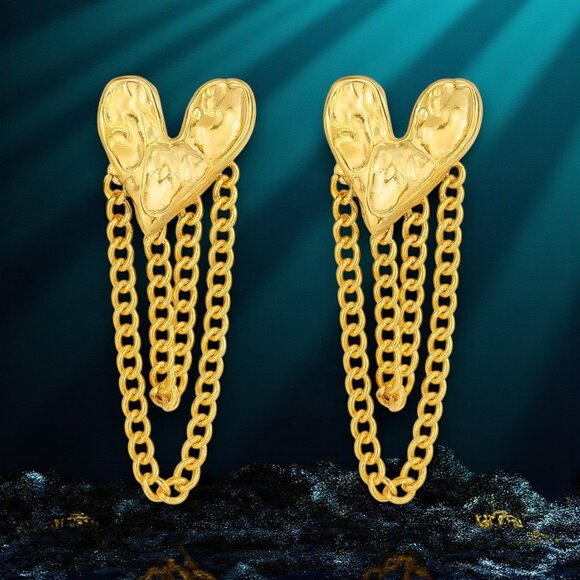 🆕️ Heart Tassel Earrings 💖 Trendy Chain Statement Jewelry 18K Gold Plated - Picture 10 of 12